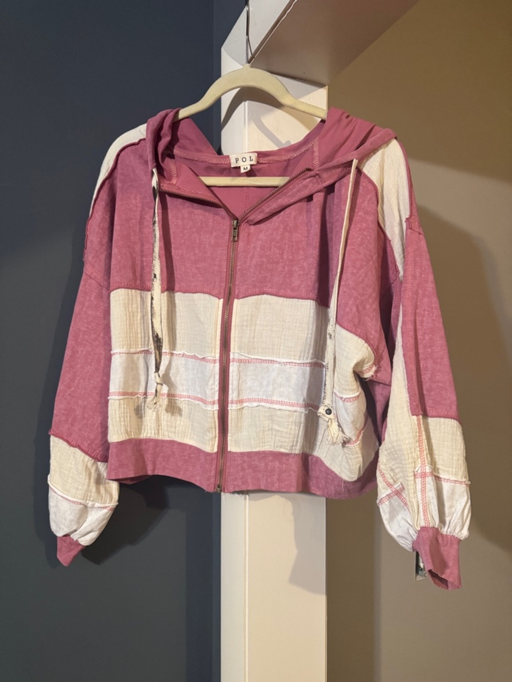 POL Rose Pink and Cream Striped Hooded Zip Jacket